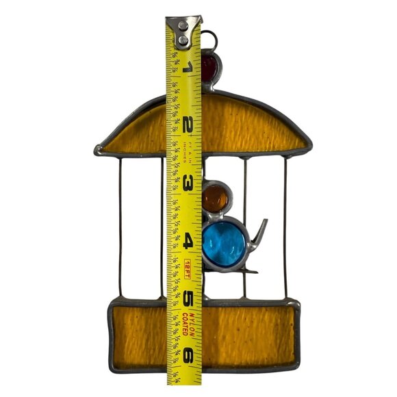 Stained Glass Bird in Cage Suncatcher Vtg Country Cottage Window Decor 6" x 4" - Picture 6 of 7